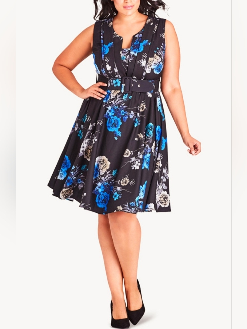 City Chic Black Floral Midi Dress with Blue & Cream Blooms